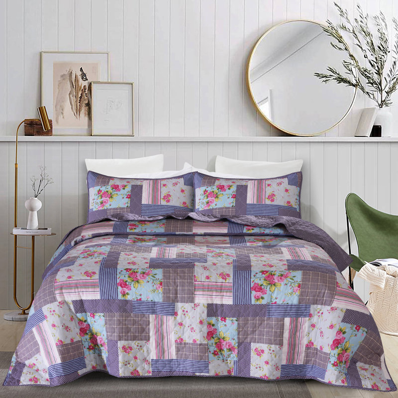 Ensemble de courtepointe réversible 100% coton 3 pièces Patchwork Floral, Grand, Patchwork mauve