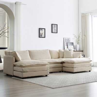 Solid Wood Frame Sectional With 3 Ottomans & Toss Pillows In Beige High Chenille And Cushioned Seat