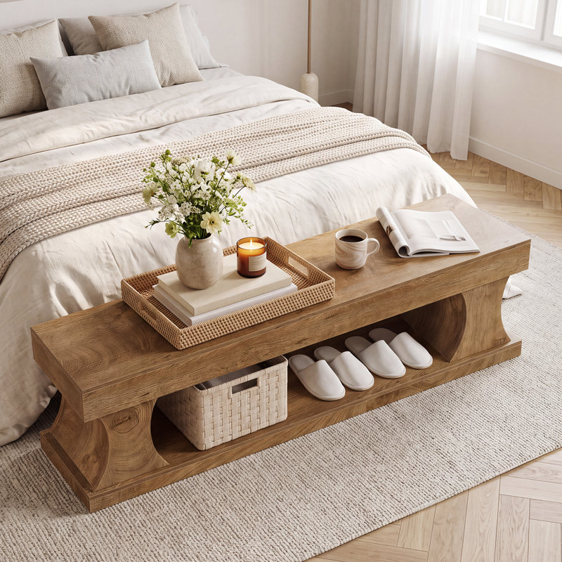 Upholstered Bench with Shelves