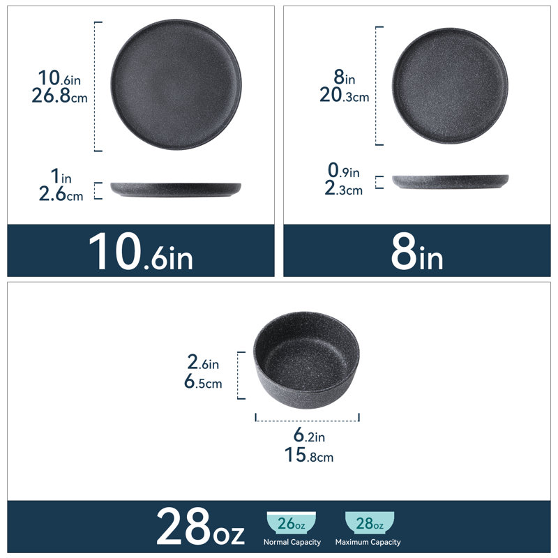 Milvio 12 Piece Stoneware Matte Reactive Glaze Dinnerware Set, Service For 4, Black