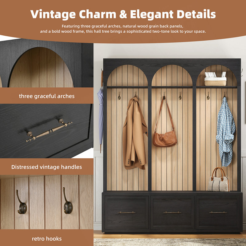 Farmhouse Wooden Style Hall Tree With Arched Design, Elegant Entryway Bench With Retro Hooks, Rustic Coat Rack & Shoe Organizer With Drawers For Mudroom, Living Room