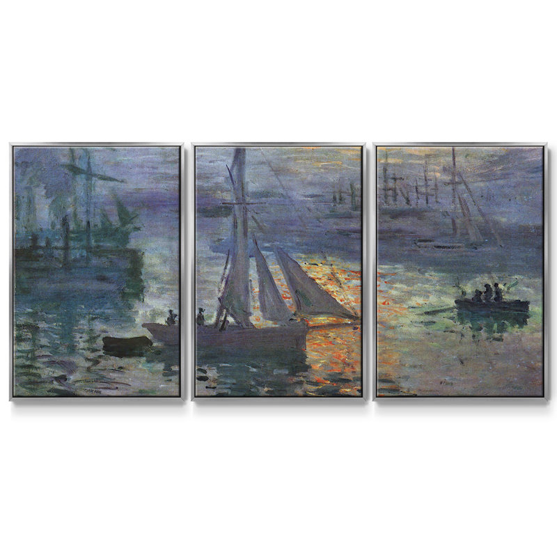 «Sunrise At Sea» par Monet, reproduction sur toile 3 pièces, H 24 po x l 48 po x P 2 po, Argent
