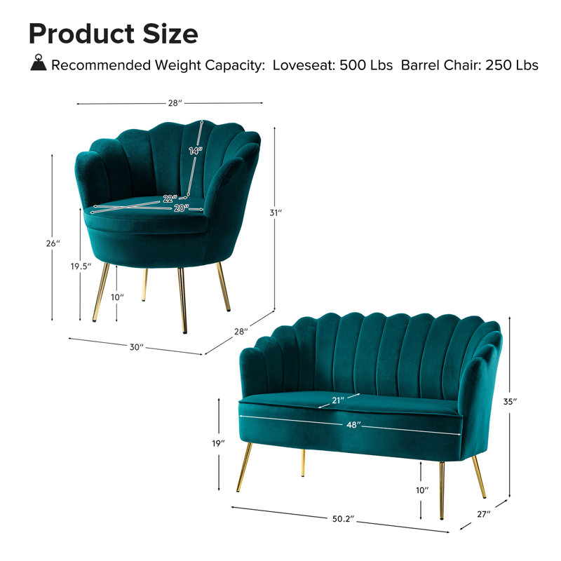 Hendrix Velvet Channel Tufted Living Room Set, Teal Velvet