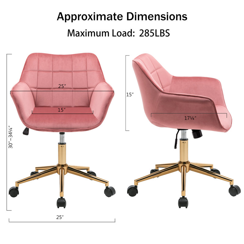 Chaise de travail ergonomique en velours ergonomique rembourrée à hauteur réglable avec roulettes, Rose