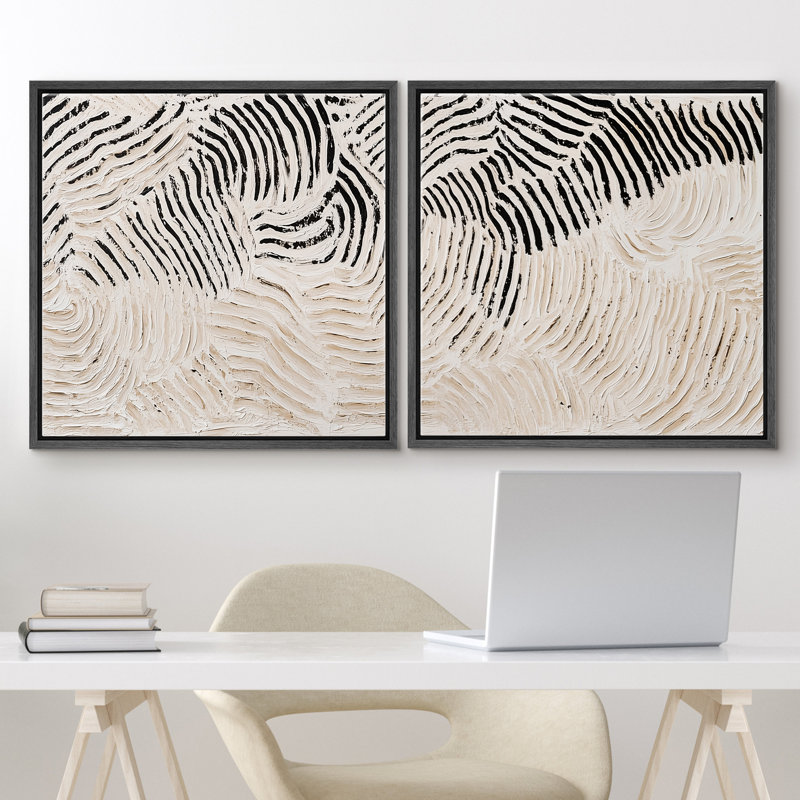 Reproduction d'art moderne encadré abstrait noir et crème organique, H 16 po x l 16 po, Cadre flottant noir