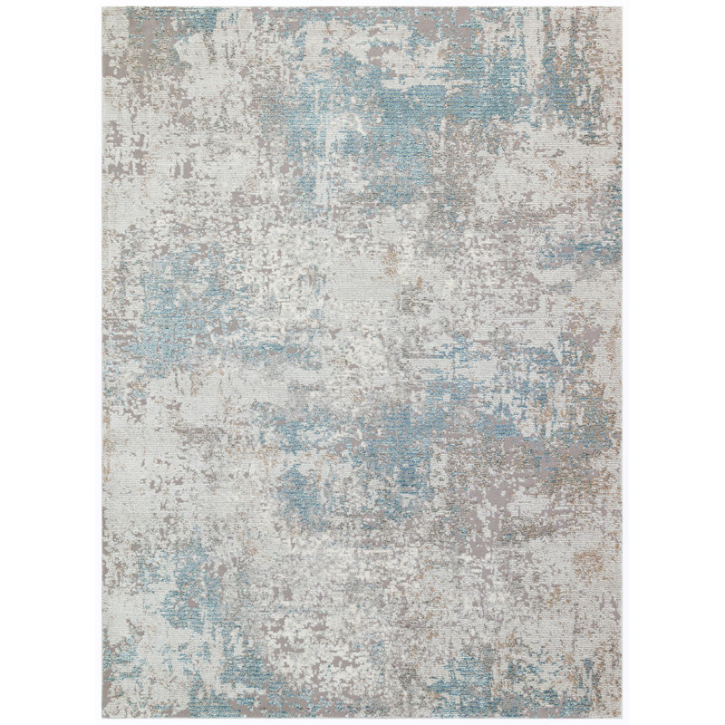 Edgeworth Abstract Machine Woven Ivory Grey Teal Area Rug, Rectangle 80cm x 150cm
