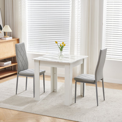 3/5 Piece White Marble-Look Square Dining Table Set with 2 or 4 Upholstered Chairs, High Gloss Kitchen Table with Soft Cushioned Seats for Small Space, Apartment & Breakfast Nook, Multiple Colors Available