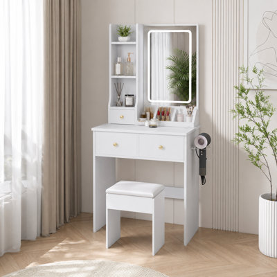 Ensemble coiffeuse blanche avec miroir lumineux, 3 tiroirs, tablettes latérales, prise de courant et tabouret