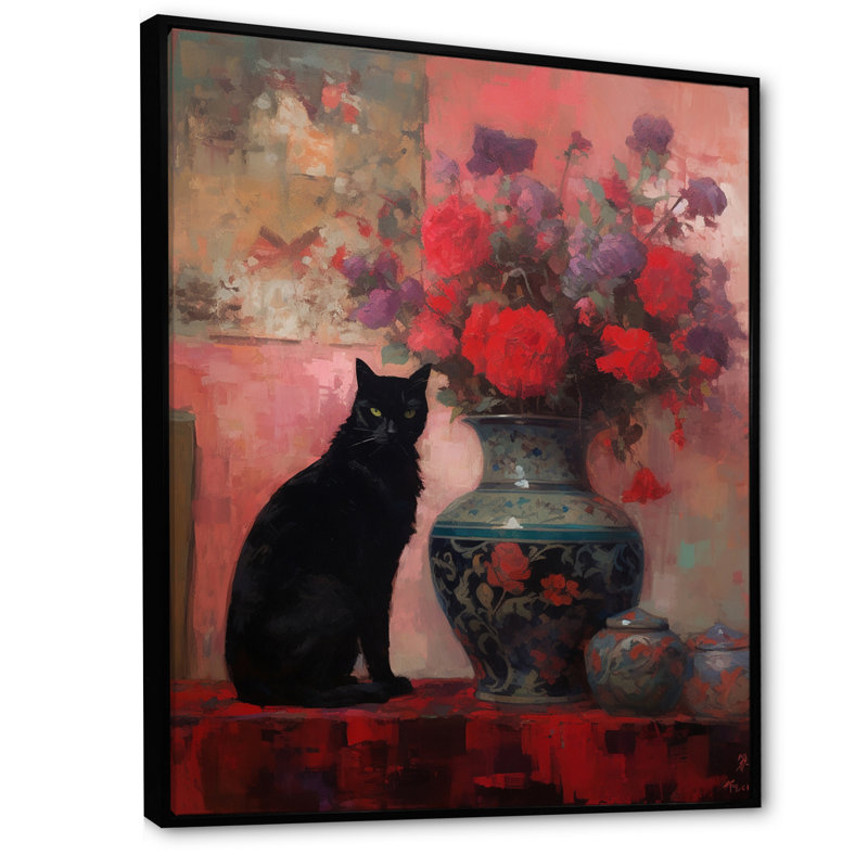 Peinture d'un chat noir avec vase rouge, H 32 po x l 24 po x P 1 po, Cadre flottant noir