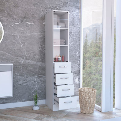 Armoire à linge H 68 po, trois tablettes, quatre tiroirs et poignées en métal