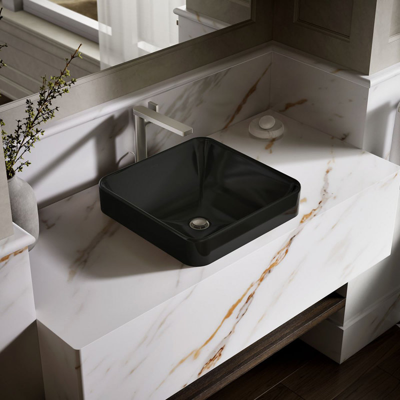 Vox Ceramic Square Vessel Bathroom Sink with Overflow, Black 