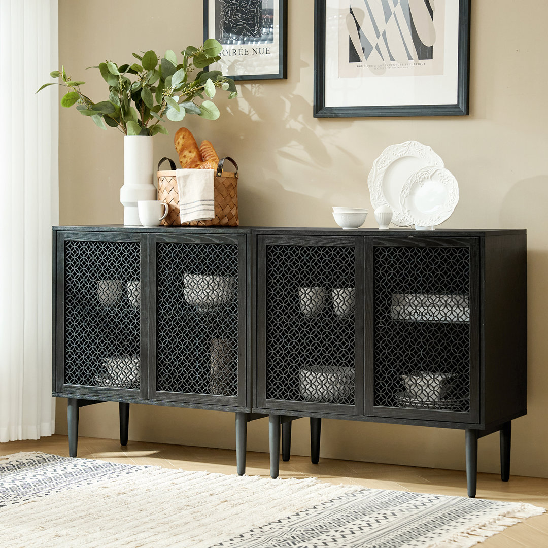 Fabion Modern 31.5''W Built-in LED Lights Wood-carved 2-Door Accent Cabinet with Metal Legs (Set of 2) George Oliver 