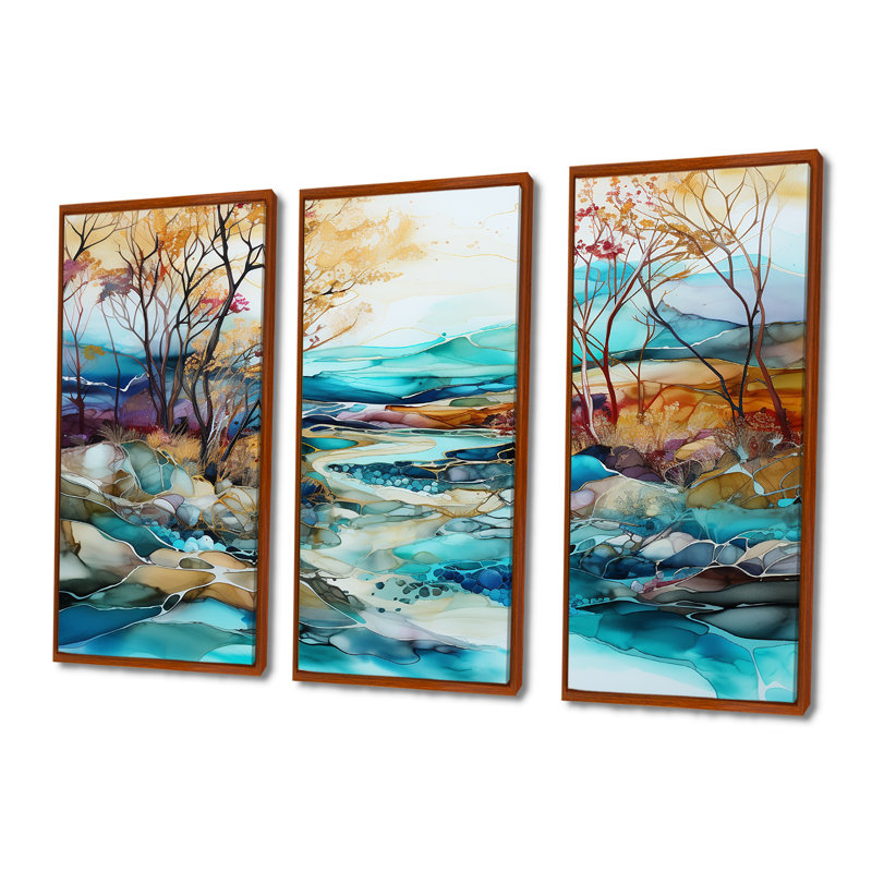 Ensemble de décorations murales paysage turquoise et brun, H 28 po x l 36 po x P 1 po, Cadre flottant brun