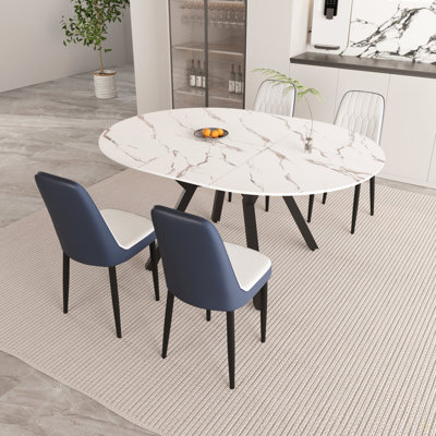 Tables de salle à manger extensibles circulaires, équipées de 4 chaises de salle à manger rembourrées en tissu polyuréthane épais et d'une table et d'une table de salle à manger élégantes et spacieuses