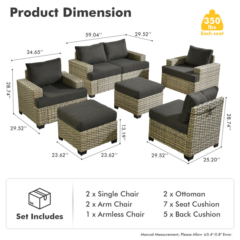 7 Piece Sofa Seating Group With Cushions, Black