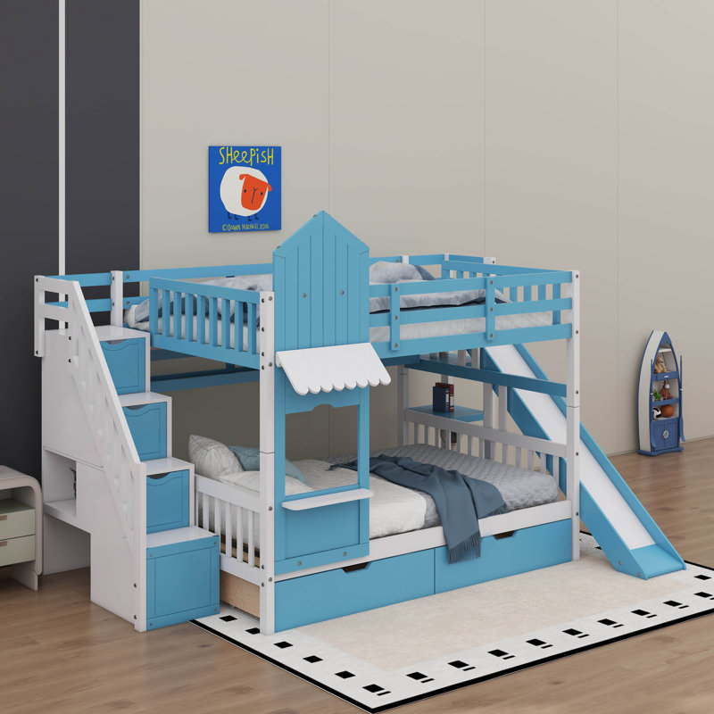 Lit superposé double au-dessus de double, lit superposé de style château avec 2 tiroirs et 3 tablettes, lit superposé en bois massif avec glissière et escalier de rangement