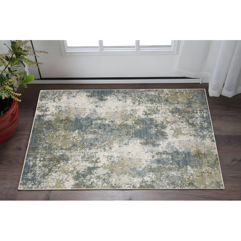 Tapis abstrait 3 pi x 5 pi bleu, gris, vert et beige