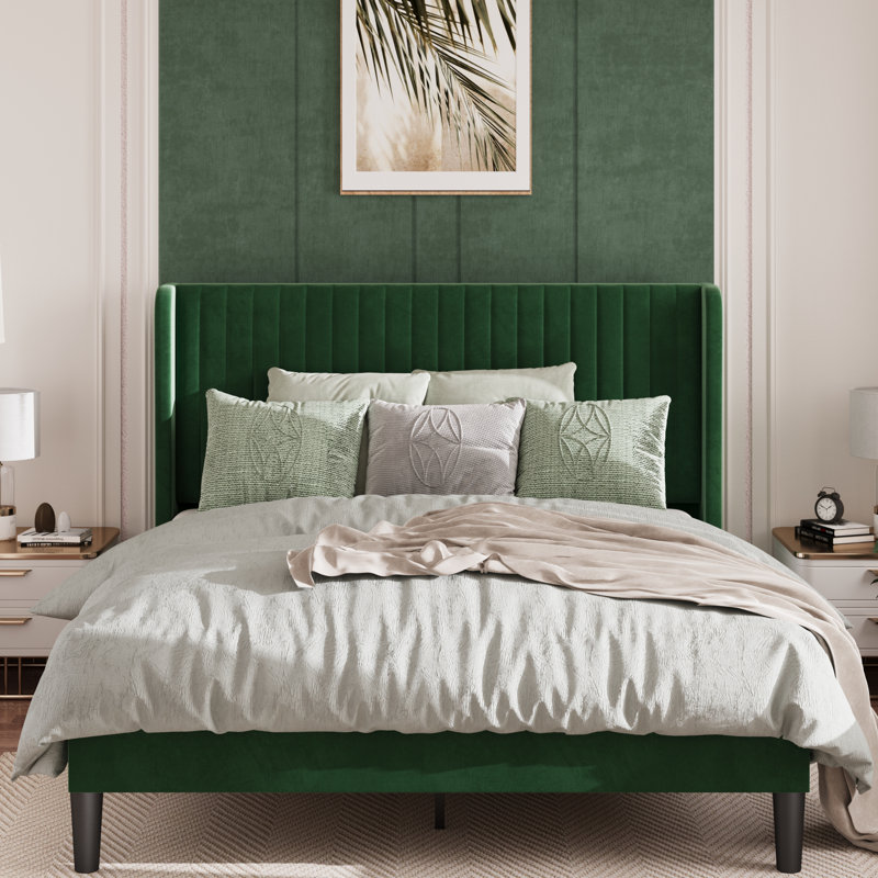 Elegant Teal Velvet Queen Platform Bed with Tufted Wingback Headboard
