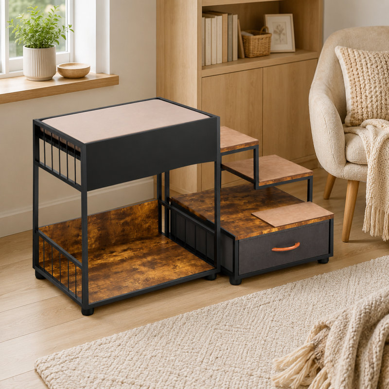 27.6-Inch Elevated Pet Bed with Easy-Access Steps, Storage Drawer, Removable Cushion, Open Lower Hideaway for Small Pets