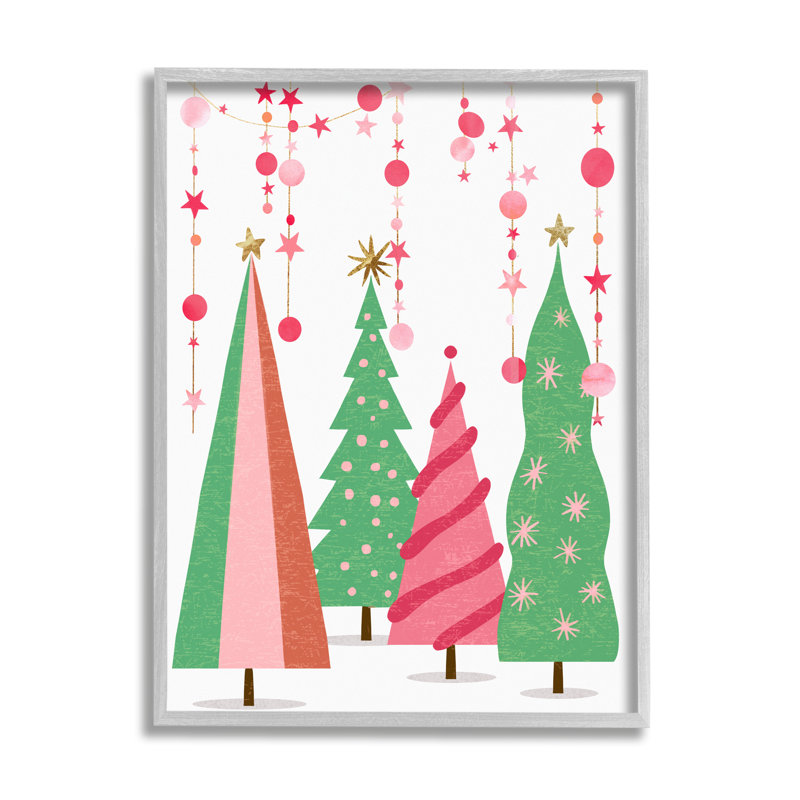 "Rose et vert", arbres de Noël encadrés sur bois par Ziwei Li, impression, H 14 po x l 11 po x P 1,5 po