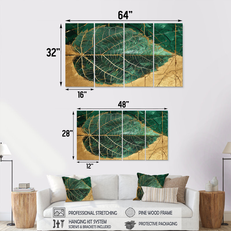 «Lewisham - Leaves», art mural pour le salon, 4 pièces, H 32 po x l 64 po