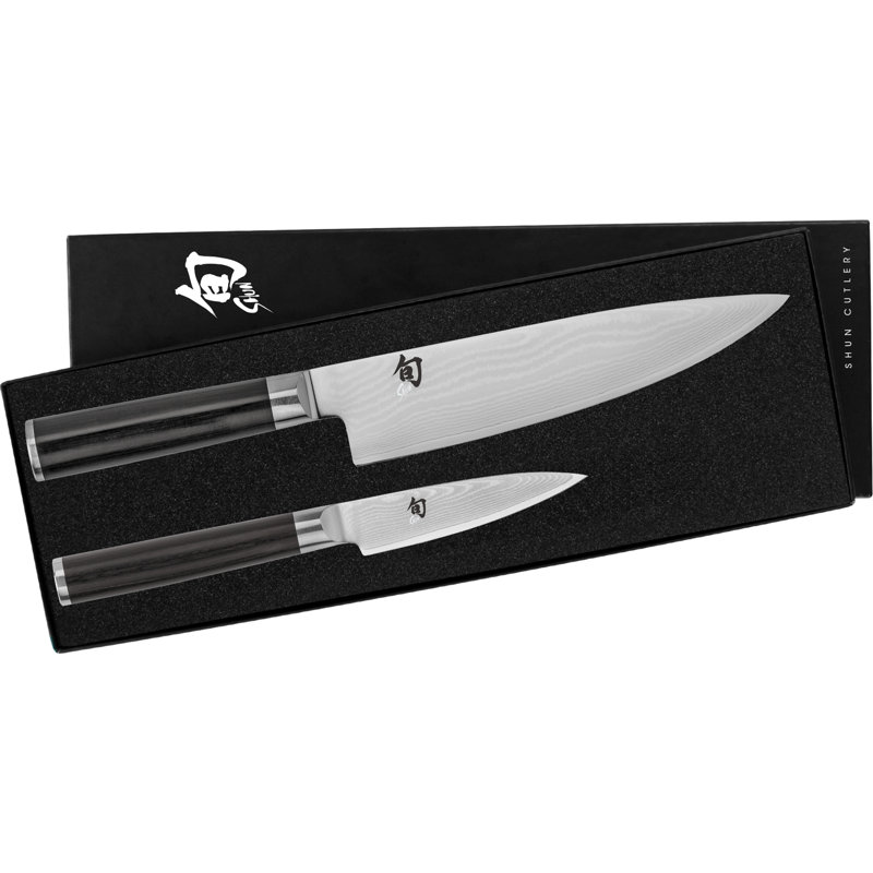 Shun Classic 2 Piece Starter Set, Includes 8" Chef and 3.5” Paring Knives, Handcrafted Japanese Knife Set, VG-MAX Core with Damascus Stainless Steel Cladding, Pakkawood Handle