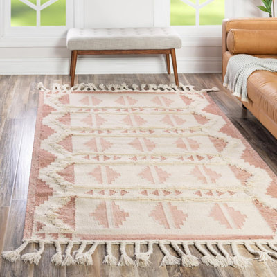 Tapis géométrique en laine tissé à plat à la main Eylin - rose et blanc