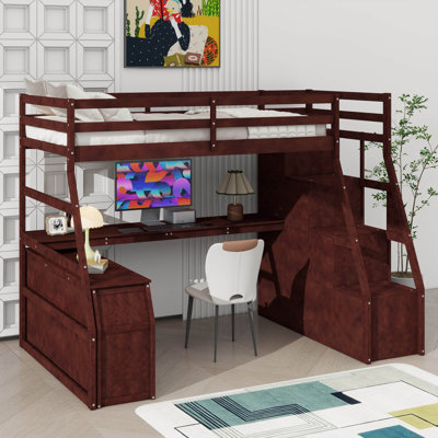 Lit mezzanine simple avec 7 tiroirs, 2 tablettes et un bureau intégré