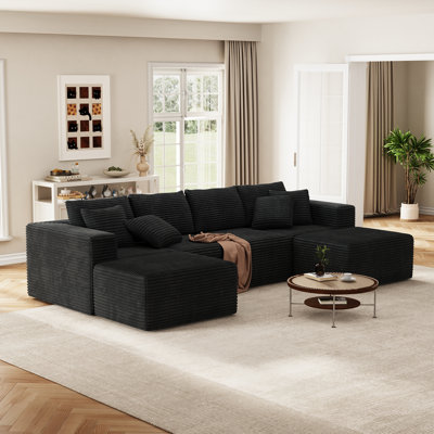 6-Piece Upholstered Sofa With Square Armrests,137" U Shape Corduroy Sleeper Sectional Sofa With Removable Ottomans, Cloud Modular Sectional Couch For Living Room