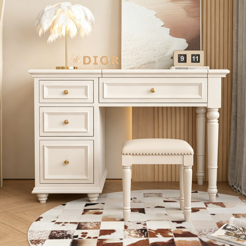 Coiffeuse 2-en-1 American Vintage 120 cm – Structure en bois de bouleau, meuble en panneaux de particules de bois massif, miroir de rangement dissimulé, pieds de style colonne romaine, table de maquillage et bureau