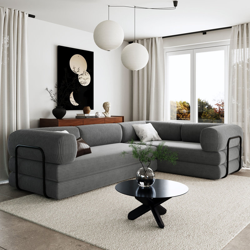Canapé-lit modulaire en L en velours côtelé, Polyester gris, H 26,2 po x l 116,1 po x P 79,9 po
