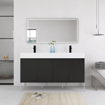 Meuble-lavabo autoportant de 60 po avec lavabo en résine, portes à fermeture douce, chêne foncé