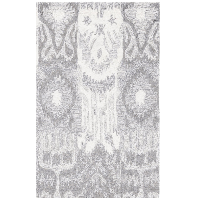 Tapis ivoire / gris en laine / coton touffeté à la main Ikat, Carré 6 pi