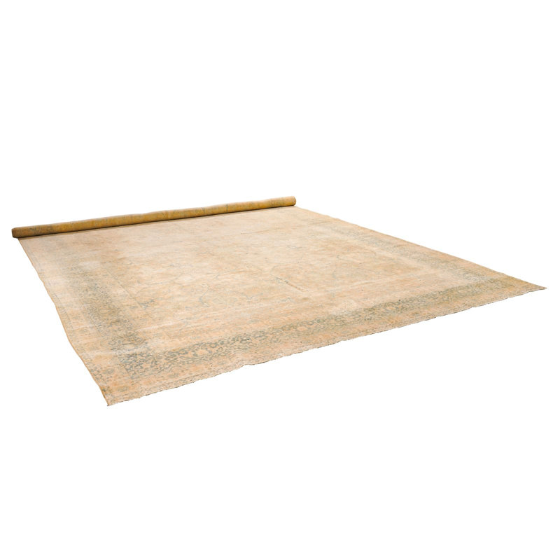 Tapis unique en laine beige / bleu 10 pi 6 po x 17 pi 9 po années 1990