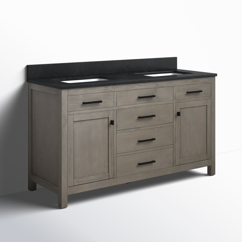 Meuble-lavabo double 60 po Ajiya, Gris texturé / noir mat, Calcaire bleu