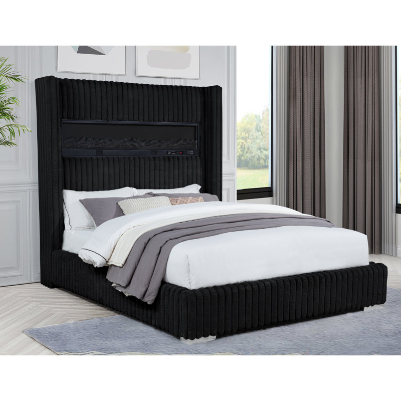 Upholstered Deluxe Fireplace High Headboard Bed, King, Black