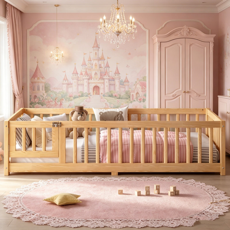 Floor Bed, Wooden Toddler Bed Frame With Safety Guardrails, Door And Slat Support, Low Profile Kids Floor Bed For Boys Girls, No Box Spring Needed(Natural/Grey/White)