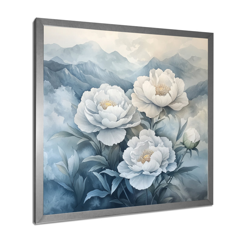 Givinda, pivoines dans les montagnes brumeuses I - pivoines, art mural, H 16 po x l 16 po, Argent argent