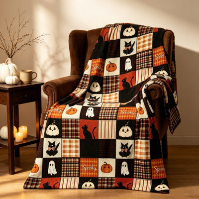Dog Bed Halloween Flannel Throw Blanket Plaid Ghost Pumpkin Patterns Soft Cozy Warm Blanket for Sofa Bed Home Decor Fall Seasonals Halloween Holiday Indoor Decoration Cat Bed