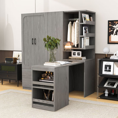 Wardrobe with 2 Doors, Hanging Rod, Convertible Desk and Storage Drawers
