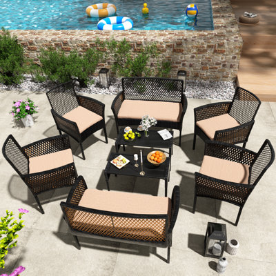  8-Piece Patio Conversation Set, Outdoor Wicker Rattan Chairs Set with Waterproof Cushions & Coffee Table, All-weather Metal Frame Furniture for Backyard Poolside Garden, Beige