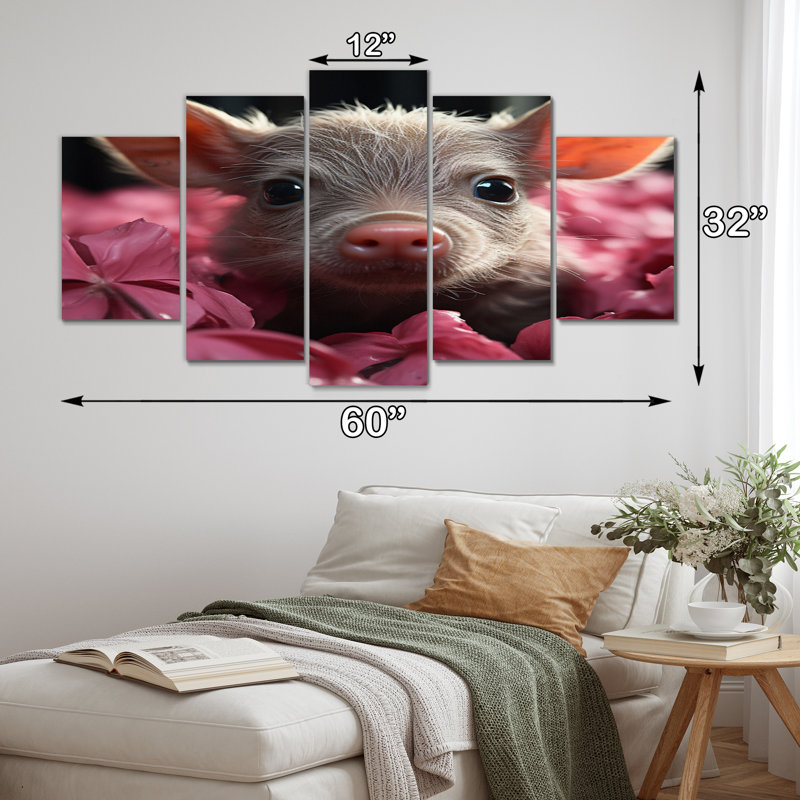 Cochon rose curieux I - animaux, art mural sur toile - 5 panneaux