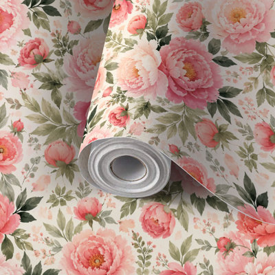 Papier peint auto-adhésif pivoine rose à motif floral feuilles vertes légères auto-adhésives et amovibles 17,7 po x 118 po (45 x 300 cm)