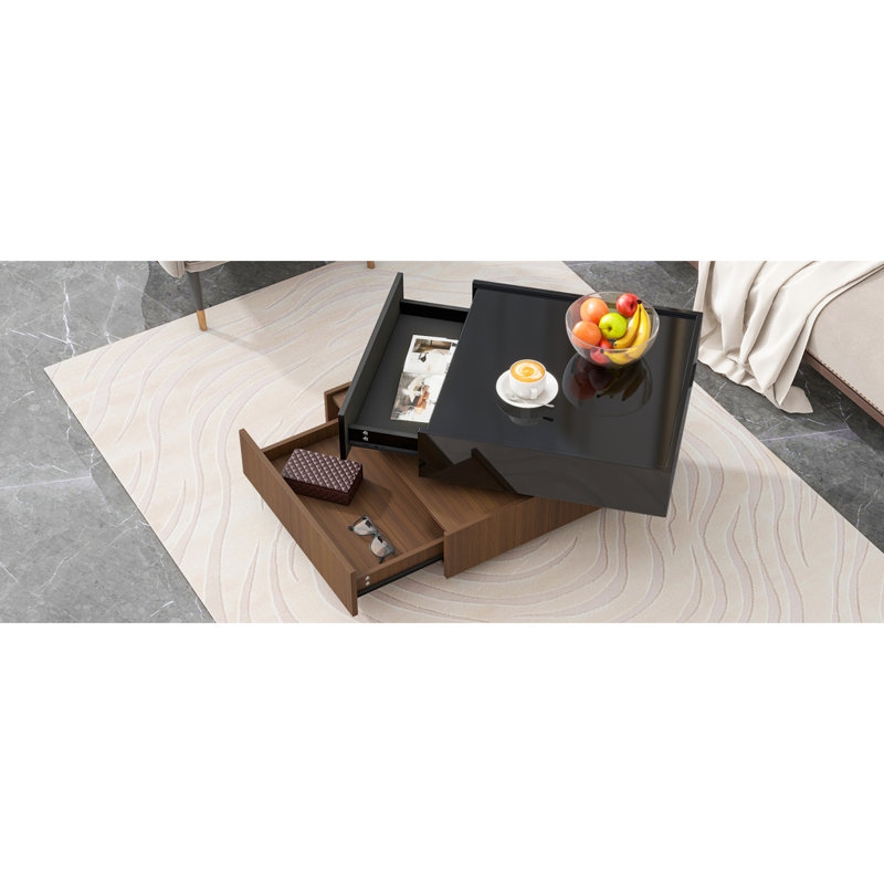 Table basse rotative à 360 ° avec 2 tiroirs, table centrale à 2 niveaux très brillante avec plateau pivotant et rangement, table d'appoint de table en noyer pour le salon, noir