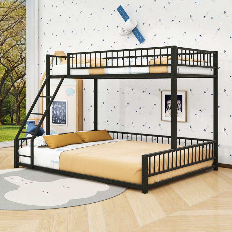 Metal Bunk Bed With Ladder And Guardrails, Twin XL over Queen, Black