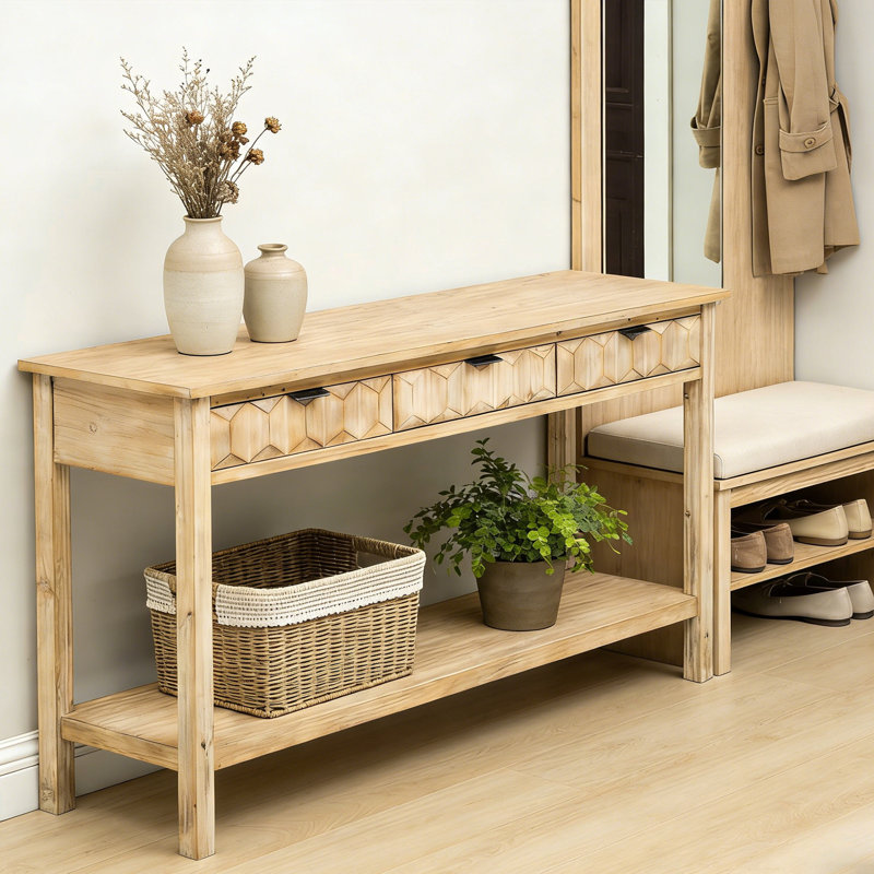Table d'entrée en placage de sapin, console moderne avec 3 tiroirs et pieds solides, Naturel