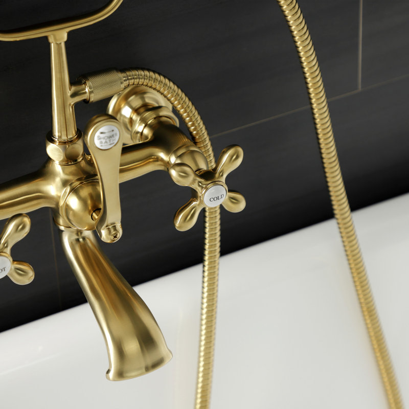 Kingston Brass Aqua Vintage Three-Handle 2-Hole Tub Wall Mount Clawfoot Tub Faucet with Hand Shower, Brushed Brass