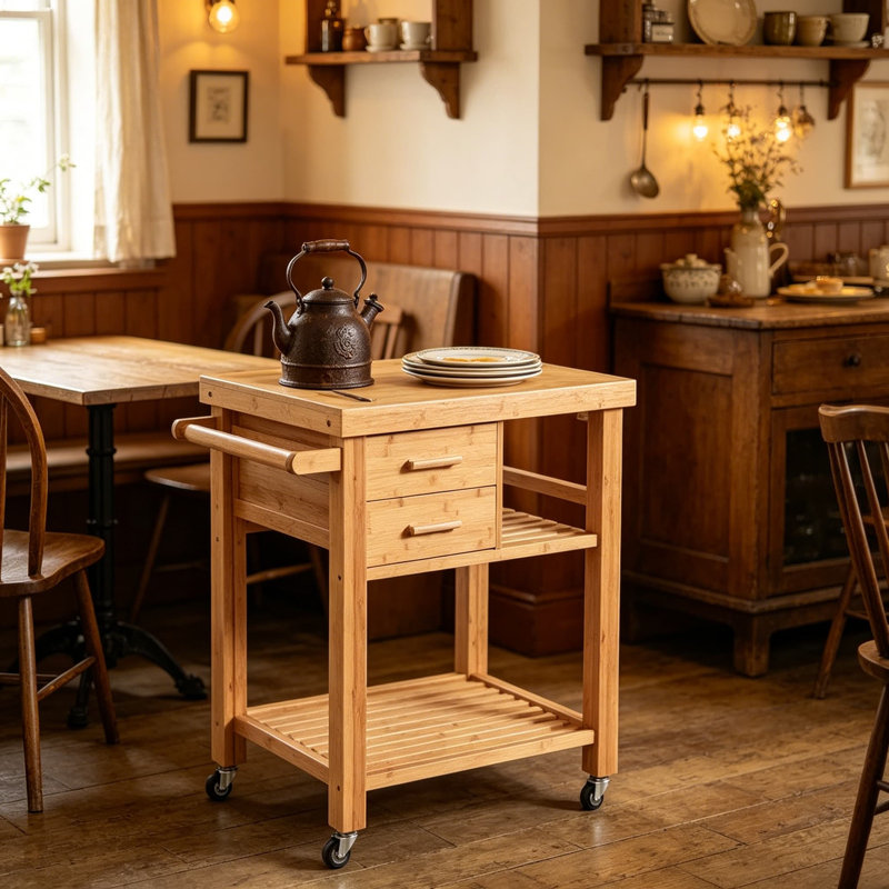 Îlot de cuisine en bambou sur roulettes avec 2 tiroirs et porte-serviettes, chariot de cuisine roulant avec roulettes verrouillables, chariot de rangement mobile pour petite cuisine, salle à manger, salon, naturel