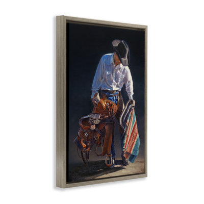 Stoic Cowboy & Saddle Framed Floater Canvas by David Graham