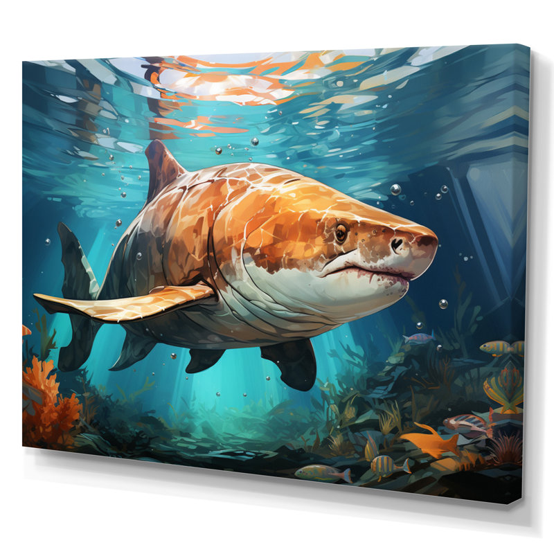 " Grey Teal Shark Underwater Symphony ", 30" H x 40" W, Wrapped Canvas